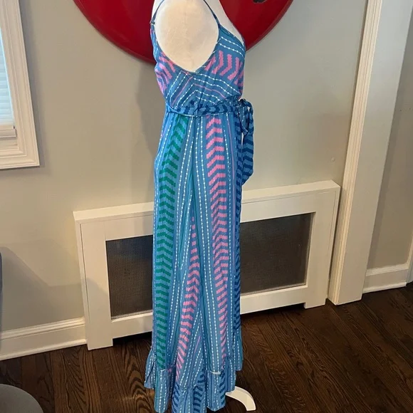 NWT Cupshe Moonlit Stroll Boho Blue & Pink Striped Maxi Wrap Dress Coverup, S - Picture 6 of 7